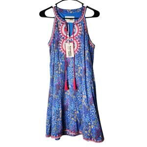 Savanna Jane Dress Size Medium Blue Floral Embroidered Lined Sleeveless Tassels